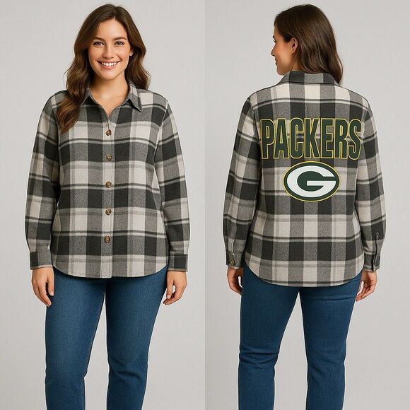 Women's XXL  NWT Green Bay Packers Heavy Flannel Button-Up Long Sleeve Shacket - Picture 1 of 13